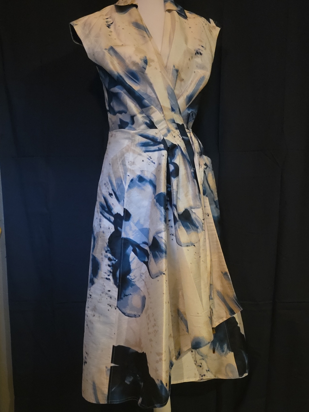Donna Karan Blue and White Abstract Wrap Maxi Dress